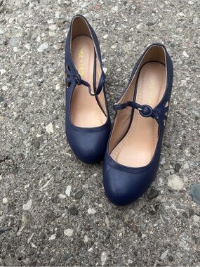 Chase + Chloe Navy Round-Toe Mary Janes with Button Strap